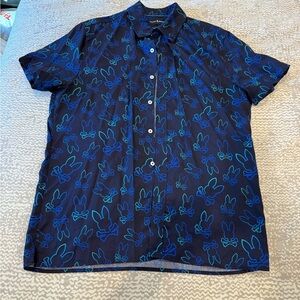 Psycho Bunny Navy and Teal Bunny Print Shirt